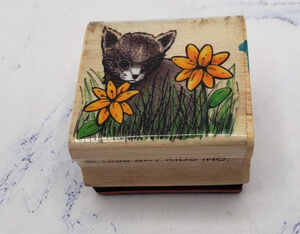 Kitten In The Grass With Flowers Sky Kids Wood Mounted Rubber Stamp